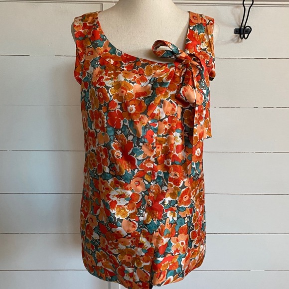 J. Crew Orange Floral Print Bow Tie Wrap Sleeveless 100% Silk Blouse‎ Size 0 EUC - Picture 8 of 8
